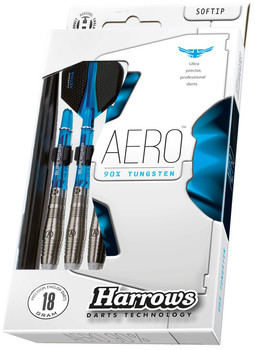 Verpackung Harrows Aero 90% Tungsten Softip Darts mit 18 Gramm Gewicht.