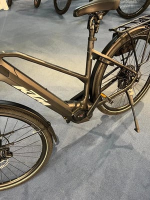Schwarzes E-Bike mit Gepäckträger und Schutzblechen auf blauem Teppich.