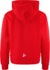 Roter Kapuzenpullover mit kleinem weißem Logo auf dem Rücken.