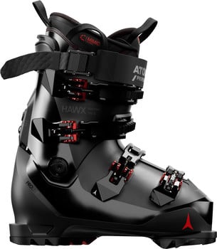 Schwarzer Atomic Hawx Magna 130 S Skischuh mit roten Akzenten.