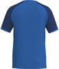 Rückansicht eines blauen T-Shirts mit dunkelblauen Ärmeln und Kragen.
