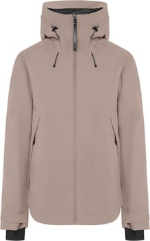 Beige Kapuzenjacke mit Reißverschluss und Seitentaschen.