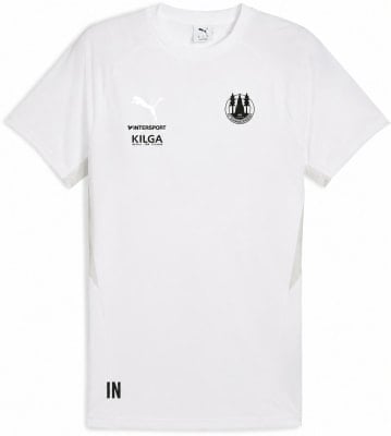 Weißes T-Shirt mit Puma-, Intersport- und Vereinslogo.