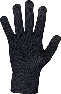 Schwarze Strickhandschuhe mit Touchscreen-Spitzen an den Fingern. Schwarze Strickhandschuhe mit Touchscreen-Spitzen an den Fingern.