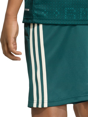 Detail einer dunkelgrünen Shorts mit weißen Streifen und Adidas-Logo. Detail einer dunkelgrünen Shorts mit weißen Streifen und Adidas-Logo.