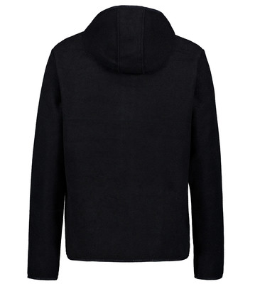 Schwarze Herrenjacke mit Kapuze, Rückansicht. Schwarze Herrenjacke mit Kapuze, Rückansicht.