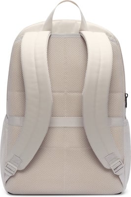 Rückseite eines beigen Rucksacks mit gepolsterten Trägern und Netzoberfläche. Rückseite eines beigen Rucksacks mit gepolsterten Trägern und Netzoberfläche.