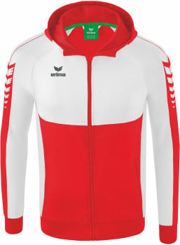 Weiße Kapuzenjacke mit roten Akzenten und Erima-Logo auf der Brust.