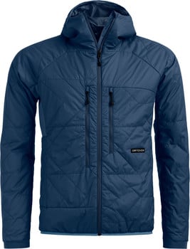 Blaue Steppjacke mit Kapuze und ORTOVOX-Logo auf der Brust.