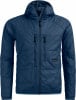 Blaue Steppjacke mit Kapuze und ORTOVOX-Logo auf der Brust.