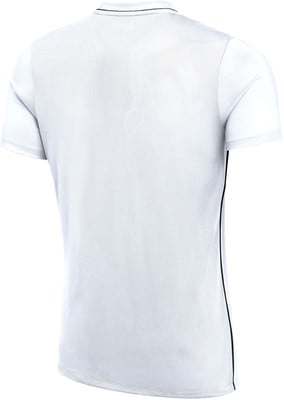 Rückansicht eines weißen Kurzarm-T-Shirts mit schwarzer Paspel. Rückansicht eines weißen Kurzarm-T-Shirts mit schwarzer Paspel.