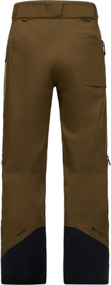 Braune Skihose mit schwarzen Hosenbeinen und Recco- & Gore-Tex-Logos. Braune Skihose mit schwarzen Hosenbeinen und Recco- & Gore-Tex-Logos.
