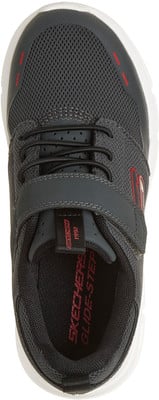 Dunkelgraue Kindersneaker von Skechers mit roten Akzenten und Klettverschluss. Dunkelgraue Kindersneaker von Skechers mit roten Akzenten und Klettverschluss.