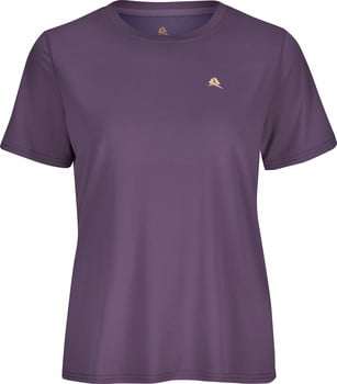 Lila Damen-T-Shirt mit kurzen Ärmeln und Logo auf der Brust.