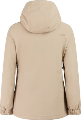 Rückansicht einer beigen Damenjacke mit Kapuze und Logo auf dem Rücken.