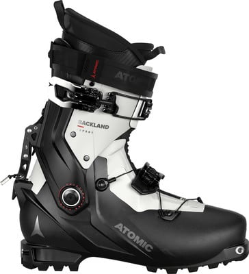 Ein schwarzer und weißer Atomic Skischuh mit einem BOA-System. Ein schwarzer und weißer Atomic Skischuh mit einem BOA-System.