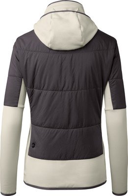 Rückansicht einer gesteppten Jacke mit hellem Kragen und beigen Ärmeln.