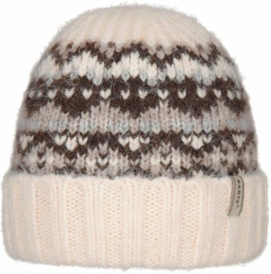 Eine cremefarbene Strickmütze mit Norwegermuster und Rippbund. Eine cremefarbene Strickmütze mit Norwegermuster und Rippbund.