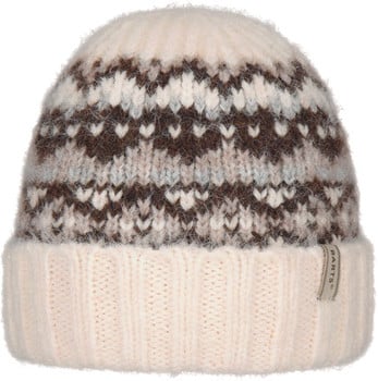 Eine cremefarbene Strickmütze mit Norwegermuster und Rippbund.