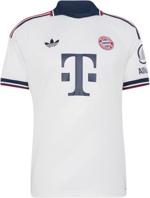 Weißes Fußballtrikot des FC Bayern München mit Adidas-Logo und T-Sponsor. Weißes Fußballtrikot des FC Bayern München mit Adidas-Logo und T-Sponsor.
