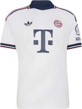 Weißes Fußballtrikot des FC Bayern München mit Adidas-Logo und T-Sponsor.