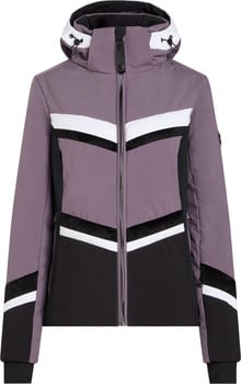 Damen-Skijacke in Lila mit weißen und schwarzen Streifen und Kapuze.