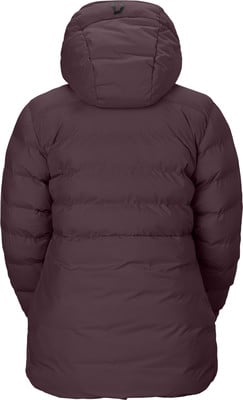 Rückansicht einer gesteppten Kapuzenjacke in Dunkelviolett. Rückansicht einer gesteppten Kapuzenjacke in Dunkelviolett.