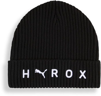 Schwarze Rippstrickmütze mit weißem Puma-Logo und HYROX-Schriftzug.