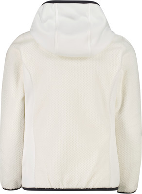Rückseite einer weißen Fleecejacke mit Kapuze und strukturierter Oberfläche.
