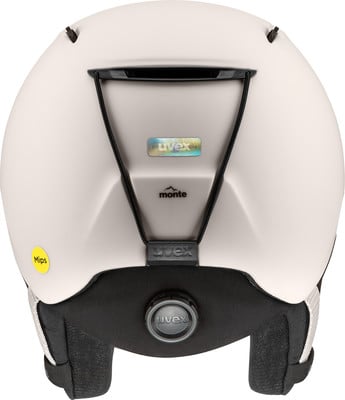 Rückansicht eines weißen Skihelms mit Uvex und Mips Logo. Rückansicht eines weißen Skihelms mit Uvex und Mips Logo.