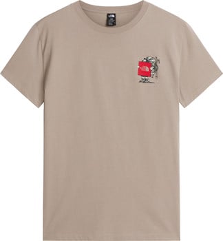 Beiges T-Shirt mit Aufdruck eines Bergsteigers, der eine rote Box mit Logo hält.
