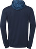 Dunkelblaue Kapuzenpullover mit geometrischem Muster auf der Kapuzeninnenseite.