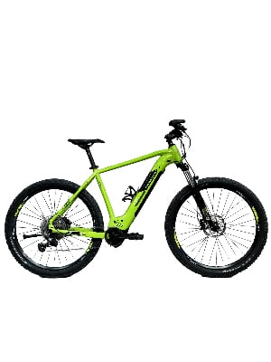 Grünes E-Bike mit schwarzen Rädern und Federung. Grünes E-Bike mit schwarzen Rädern und Federung.