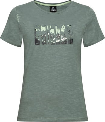 Grünes Damen-T-Shirt mit Berg- und Waldaufdruck, kurzärmelig. Grünes Damen-T-Shirt mit Berg- und Waldaufdruck, kurzärmelig.