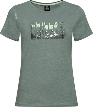 Grünes Damen-T-Shirt mit Berg- und Waldaufdruck, kurzärmelig.