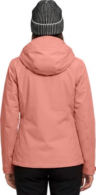 Rückansicht einer Person in einer rosa Jacke und gestreifter Mütze. Rückansicht einer Person in einer rosa Jacke und gestreifter Mütze.