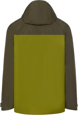 Rückansicht einer olivgrünen Jacke mit kontrastierendem grünen Einsatz. Rückansicht einer olivgrünen Jacke mit kontrastierendem grünen Einsatz.
