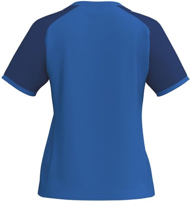 Rückansicht eines blauen T-Shirts mit dunkelblauen Ärmeln. Rückansicht eines blauen T-Shirts mit dunkelblauen Ärmeln.