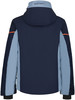 Rückansicht einer dunkelblauen Skijacke mit hellblauen Einsätzen und orangefarbenen Details.