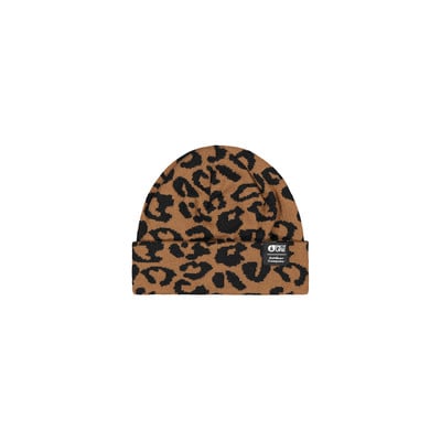 Braune Mütze mit schwarzem Leopardenmuster und Markenlogo. Braune Mütze mit schwarzem Leopardenmuster und Markenlogo.