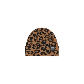 Braune Mütze mit schwarzem Leopardenmuster und Markenlogo.