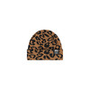 Braune Mütze mit schwarzem Leopardenmuster und Markenlogo.