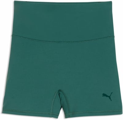 Dunkelgrüne Damen-Shorts von Puma mit Logo.