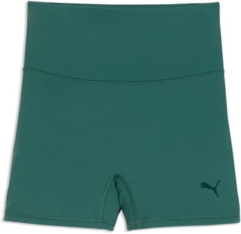 Dunkelgrüne Damen-Shorts von Puma mit Logo.