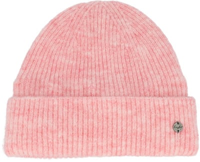 Eine rosa Strickmütze mit feinem Melange-Muster und Metalldetail. Eine rosa Strickmütze mit feinem Melange-Muster und Metalldetail.