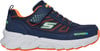 Blauer Kinderschuh von Skechers mit orangefarbenen Details und wasserdichter Ausrüstung.