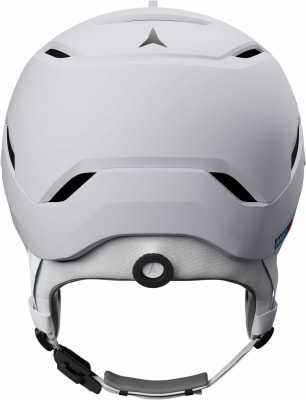 Ein weißer Skihelm mit verstellbarem Gurt und Belüftung. Ein weißer Skihelm mit verstellbarem Gurt und Belüftung.