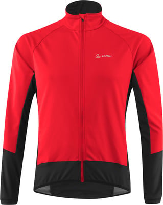 Rote Fahrradjacke mit schwarzen Einsätzen und Löffler-Logo. Rote Fahrradjacke mit schwarzen Einsätzen und Löffler-Logo.