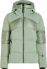 Grüne Daunenjacke mit glänzenden Einsätzen und Kapuze.