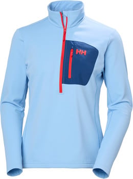 Hellblaue Damenjacke mit rotem Reißverschluss und dunkelblauer Tasche.